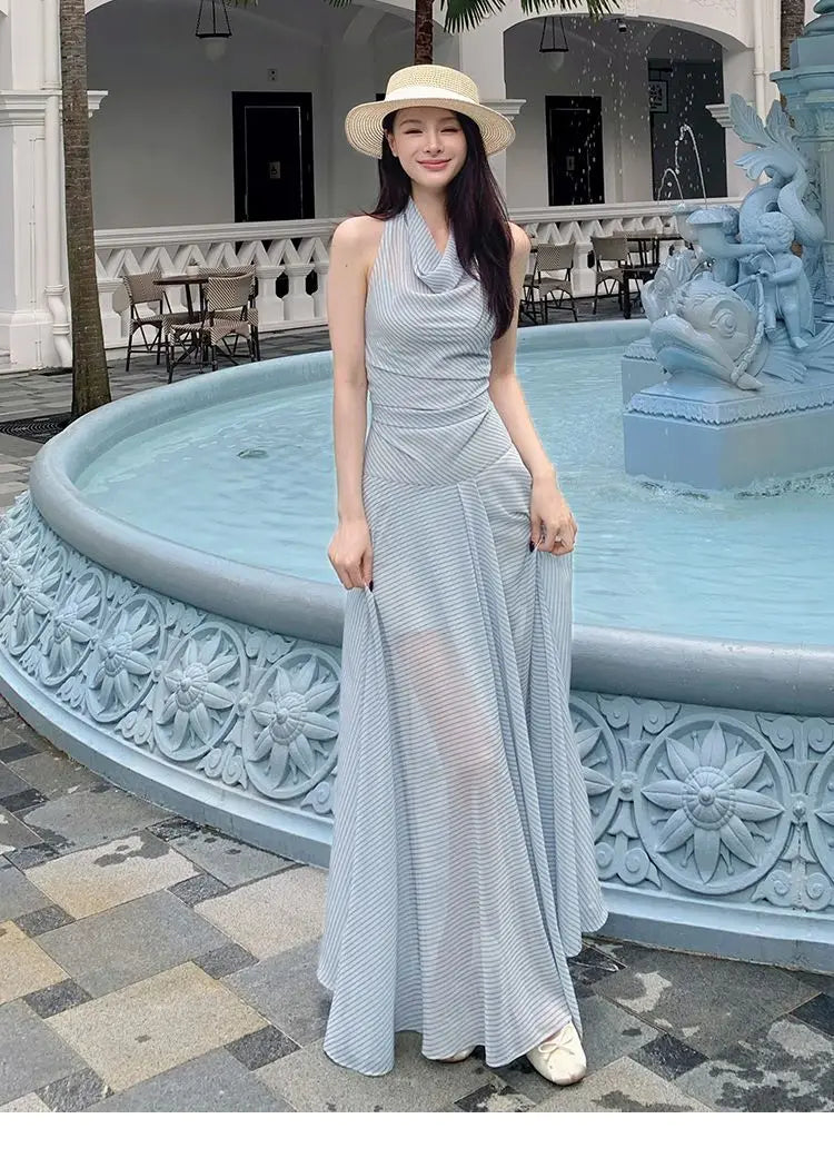 French Holiday Style Blue-green Striped Chiffon Waist-cinching Long Halter Neck Dress for Women, New Summer 2026