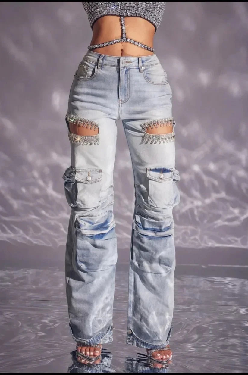 Women Cutout Diamonds Crystal Hollow Out Straight Denim Pants 2024 Fall Multi Pocket High Waist Wide Leg Jeans Trousers