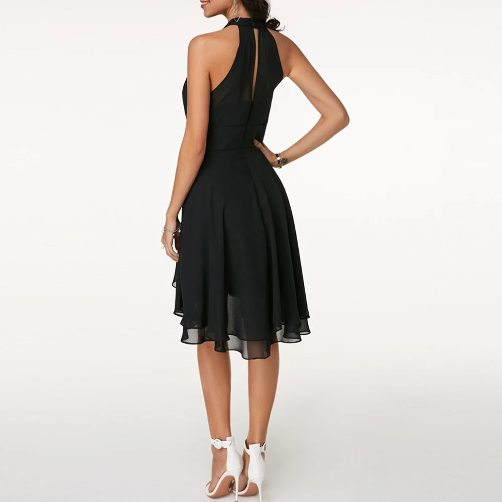 Women Elegant Dress Summer Solid High Waist Halter Sleeveless Midi Dresses Ladies Cropped Layered Chiffon Party Slim Dresses