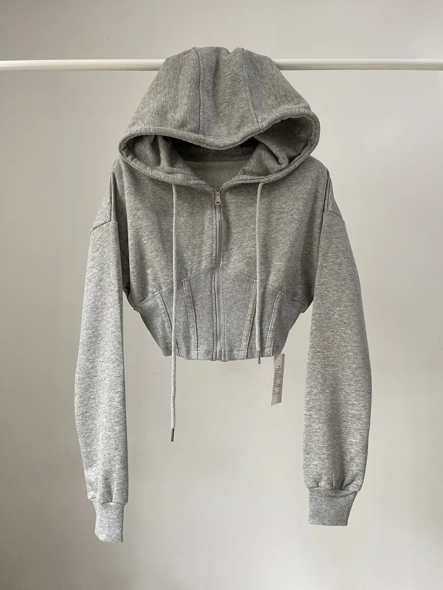 Hooded hoodie women's ultra short waist cinched open top jacket with exposed navel