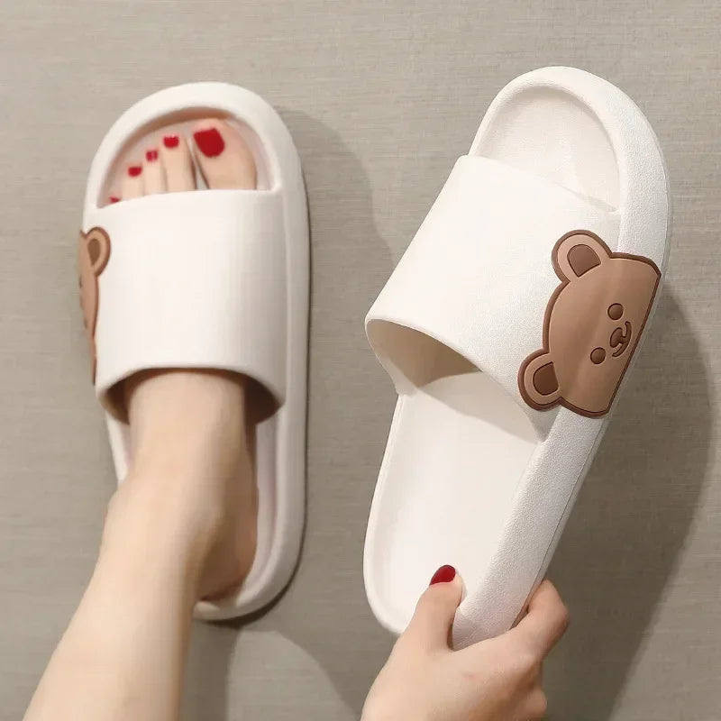 Summer Men Slippers Indoor Women Bathroom Soft Sole Non-slip Slides Home Cartoon Bear Flip Flops Beach Sandals Ladies Shoes