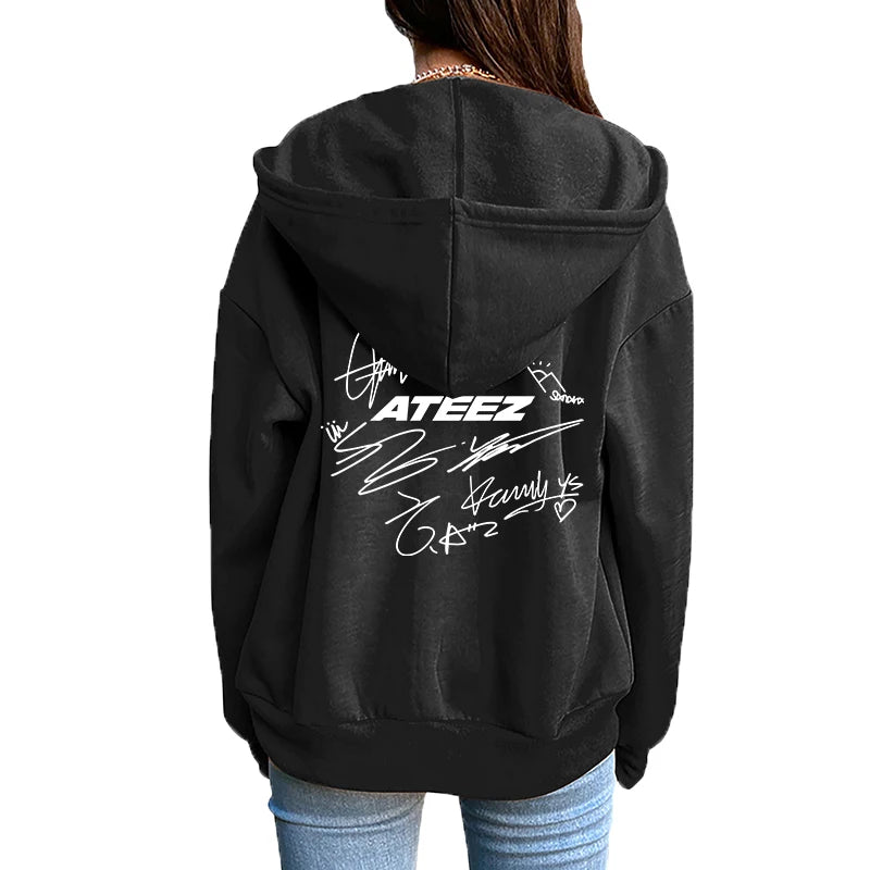 K-pop Fashion Hoodies for Women 2025 New Arrival Girls ATEEZ Signature Fans Zipper Jackets All Season Daily Casual Sports Coats