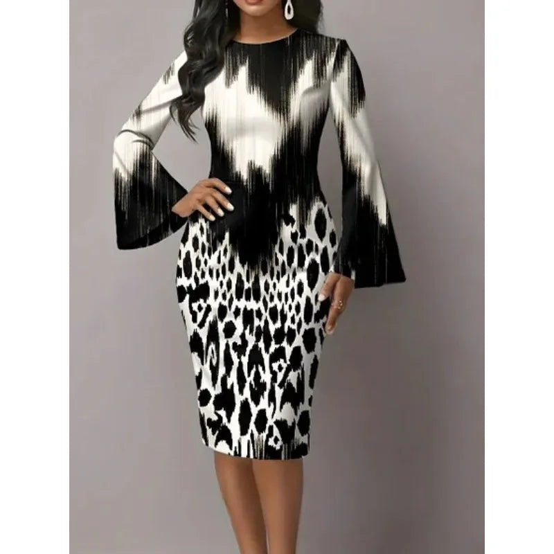 Elegant Night Out Dress Black White Graphic Print Bodycon Midi Dress with Dramatic Flare Sleeves Modern Dress for City Night Out
