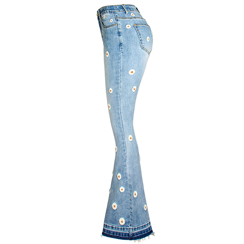 Ladies Daisy Embroidered Denim Pants Women's New Chic Long Fashion Personality Classic Versatile Flared Jean Trousers for Women