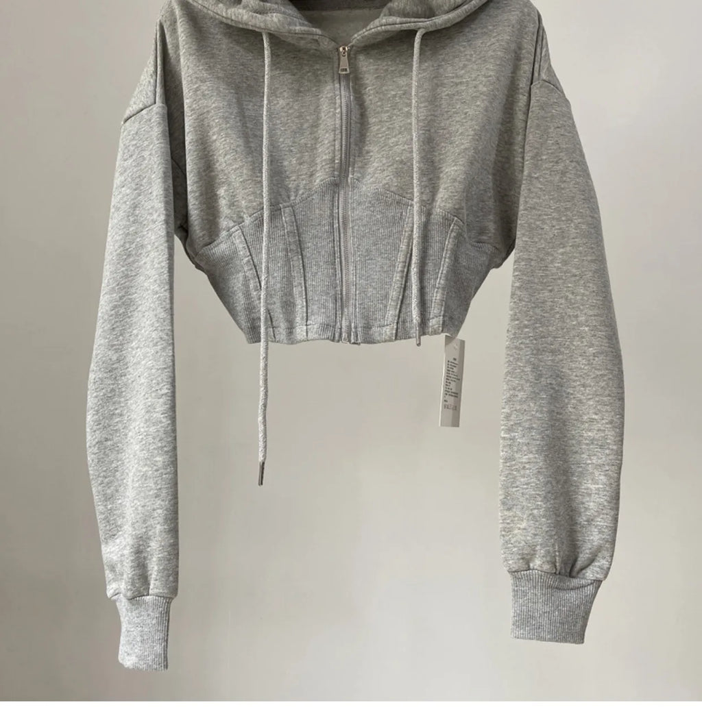 Hooded hoodie women's ultra short waist cinched open top jacket with exposed navel