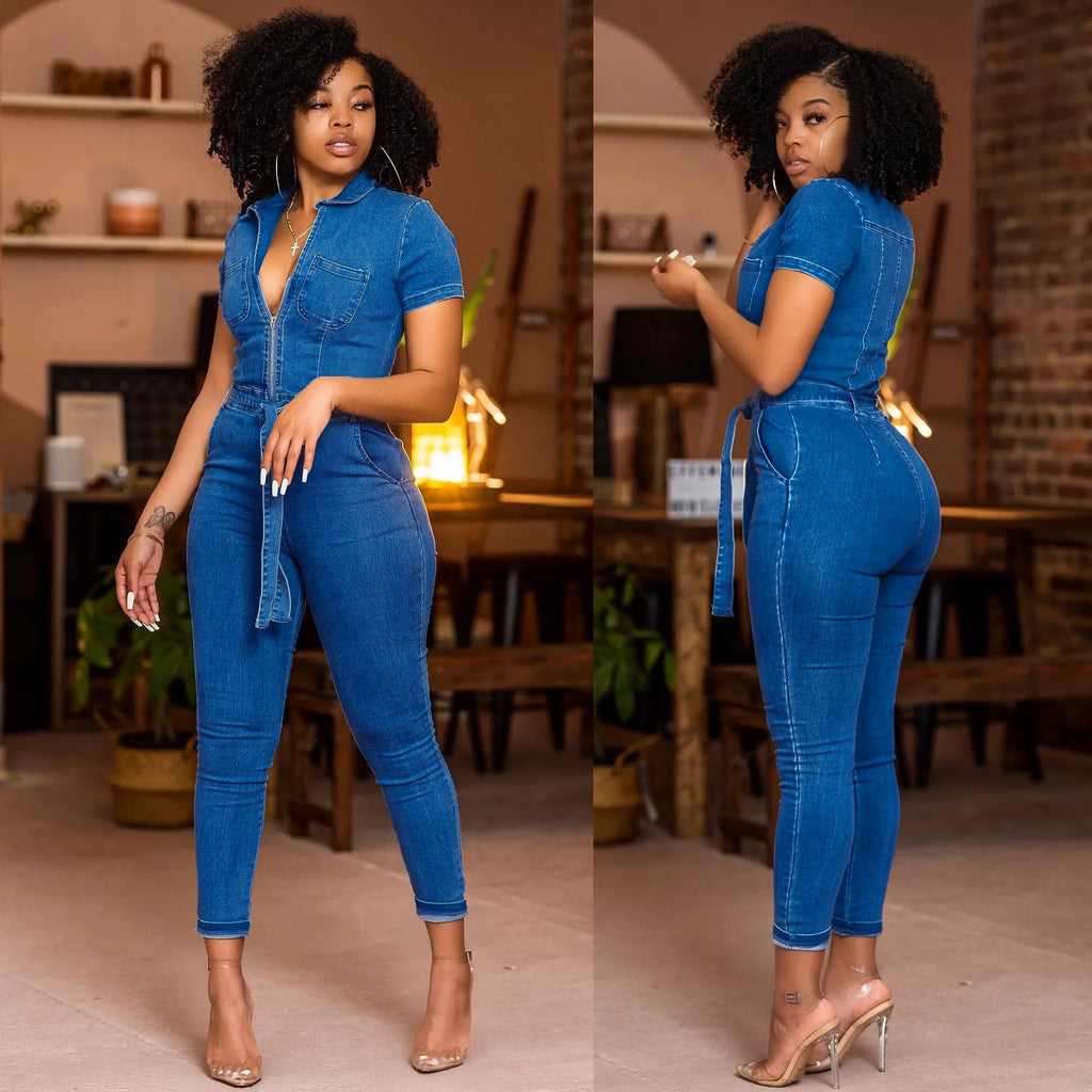 High Street Demin Jumpsuit Sexy Women Turn Down Collar Elegant Jeans Casual Party Overalls Romper