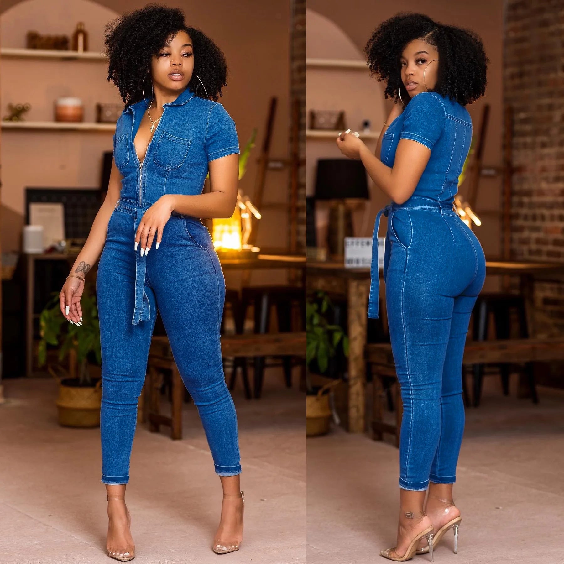 High Street Demin Jumpsuit Sexy Women Turn Down Collar Elegant Jeans Casual Party Overalls Romper