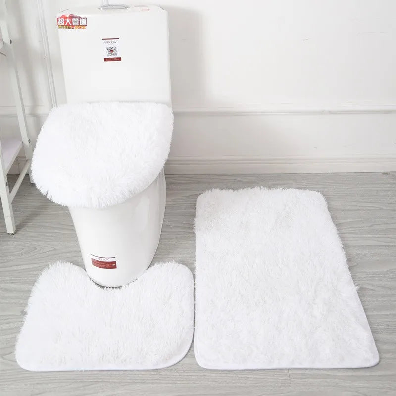 3PCS/set Solid Color Bathroom Mat Set Fluffy Hairs Bath Carpets Modern Toilet Lid Cover Rugs Kit Rectangle U-shape Floor Mats