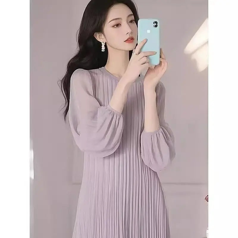 French Dress For Women Spring 2025 High-End Loose And Blue Chiffon Round Neck Long Sleeved Pleated Dress w531