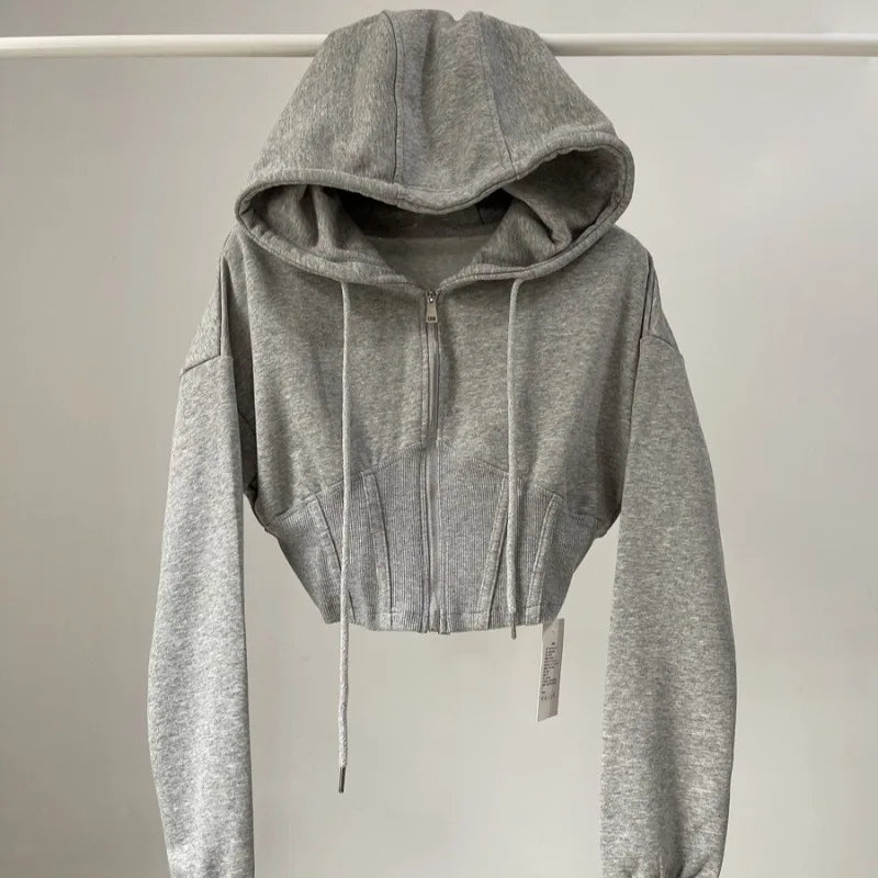 Hooded hoodie women's ultra short waist cinched open top jacket with exposed navel