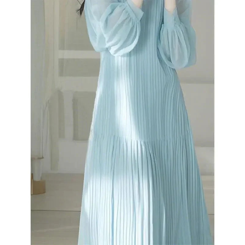 French Dress for Women with Exquisite High-end Feel Loose Slim Blue Chiffon Round Neck Long-sleeved Skirt