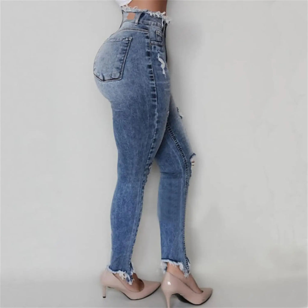 Women's high waisted fringed ripped jeans with irregular edges, slim fit and tight fitting style, fashionable and casual style