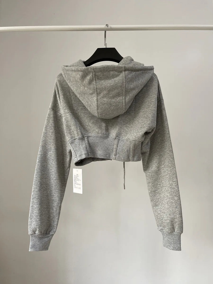 Hooded hoodie women's ultra short waist cinched open top jacket with exposed navel