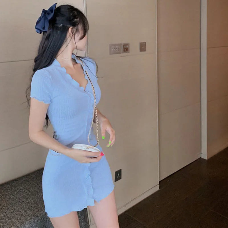 French Sexy Skinny Dress for Woman 2023 Summer V-Neck Button Design Blue Short Sleeve Dresses Women Sweet Holiday Bag Hip Dress