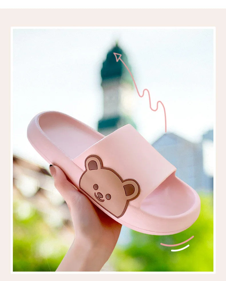 Summer Men Slippers Indoor Women Bathroom Soft Sole Non-slip Slides Home Cartoon Bear Flip Flops Beach Sandals Ladies Shoes