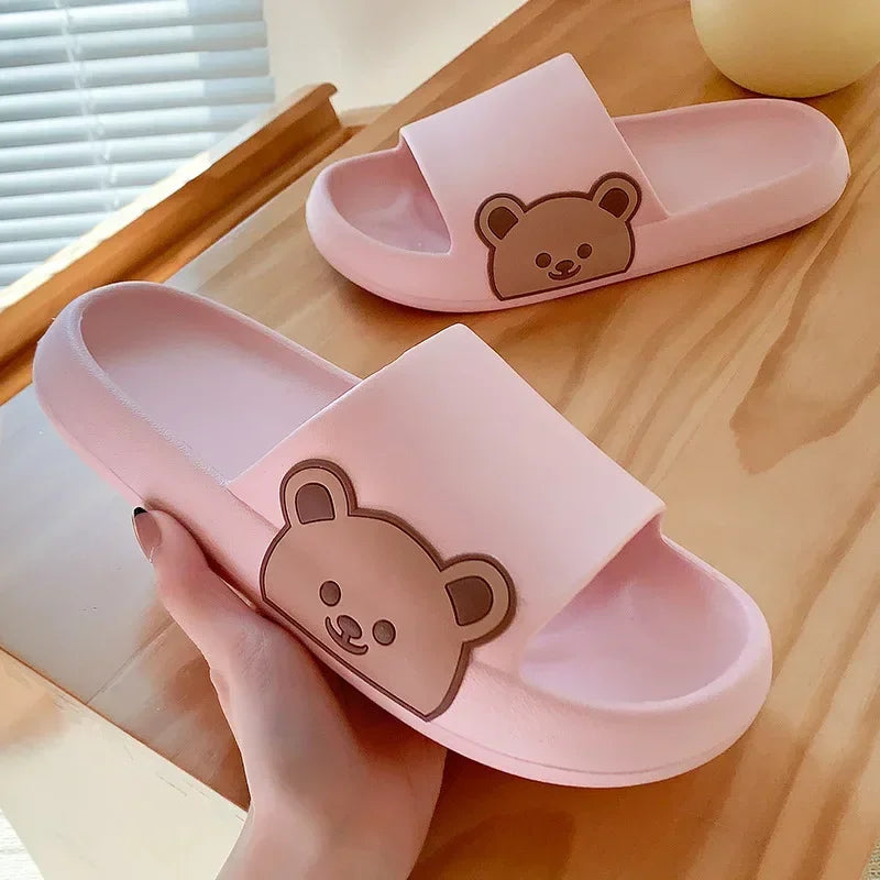 Summer Men Slippers Indoor Women Bathroom Soft Sole Non-slip Slides Home Cartoon Bear Flip Flops Beach Sandals Ladies Shoes