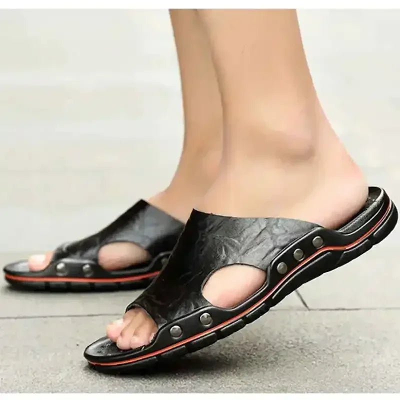 YRZL Mens Sandals PU Leather Classic Summer Men Slippers Soft Black Slippers Big Size Slippers Lightweight EVA Slides for Men
