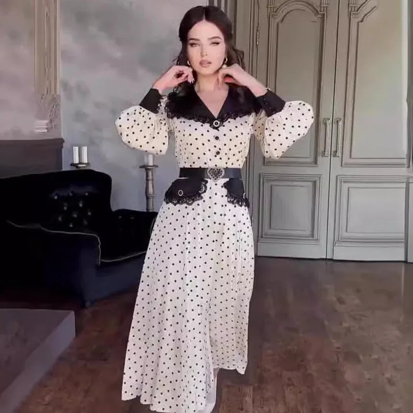 Fashion Print Office Women Dresses 2024 Elegant Doll Collar Long Sleeve Midi Dress Casual Single Breasting Female Dress