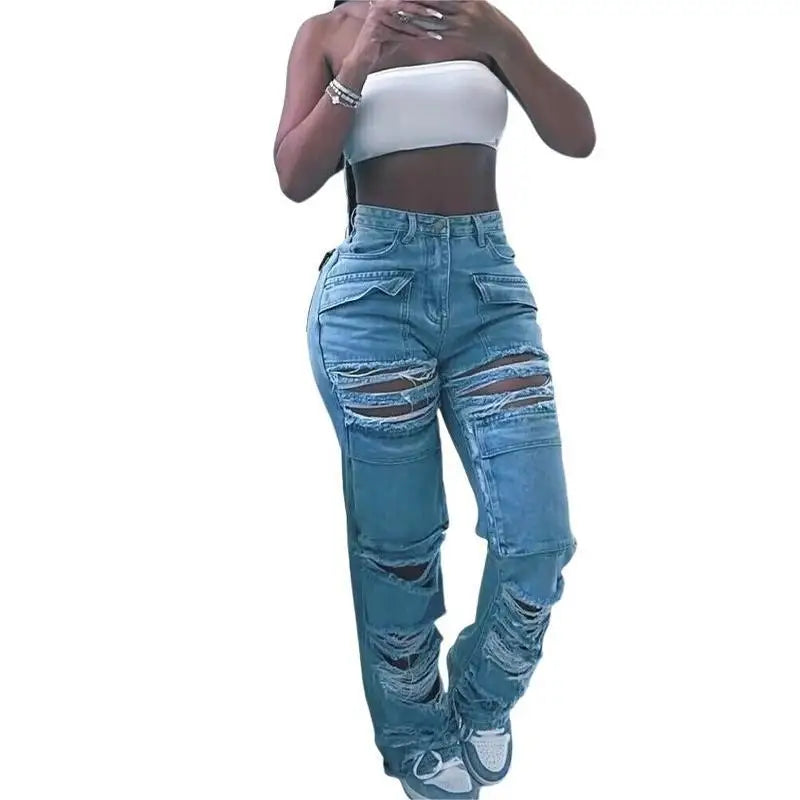 Women Jeans Denim Patchwork Straight Pants Holes Distressed Pockets Washing High Street Low Waist Zipper Fly Flat Winter