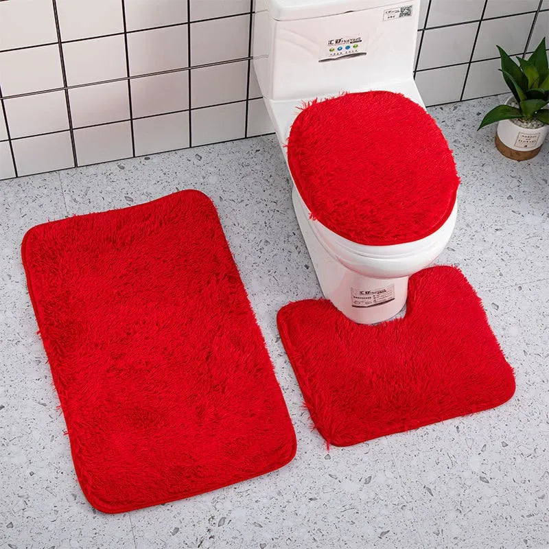 3PCS/set Solid Color Bathroom Mat Set Fluffy Hairs Bath Carpets Modern Toilet Lid Cover Rugs Kit Rectangle U-shape Floor Mats