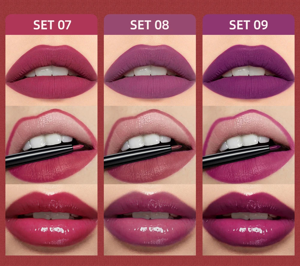 3pcs Lip Makeup Sets Lip Gloss Glaze Tint Long-lasting Matte Liquid Lipstick Waterproof Sweatproof Lip Liner Pencil Contour Kits