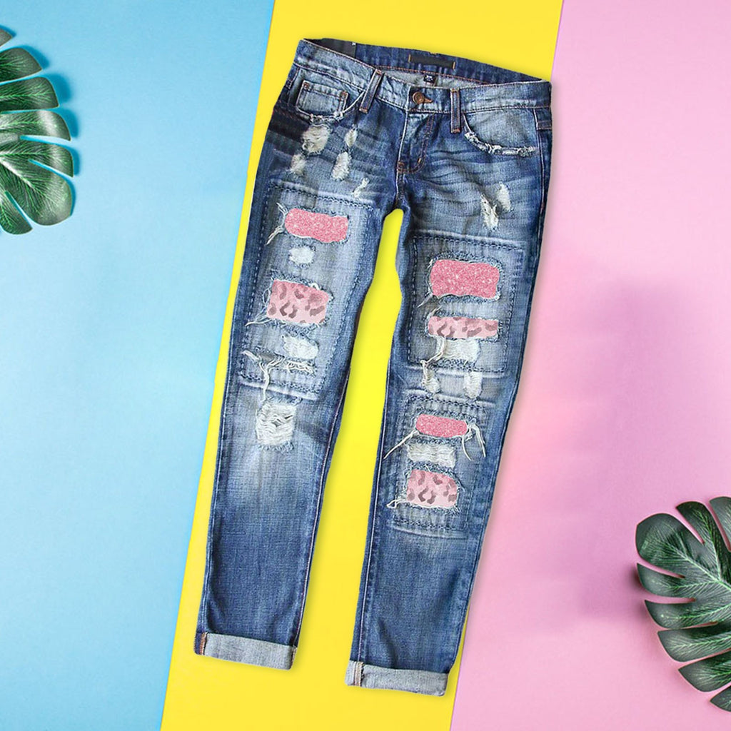 Womens Slim Denim Pants Ripped Jeans Casual Loose Trousers Heart Print Ripped Y2k Slim Fit Distressed Stretch Jeans Pantalones