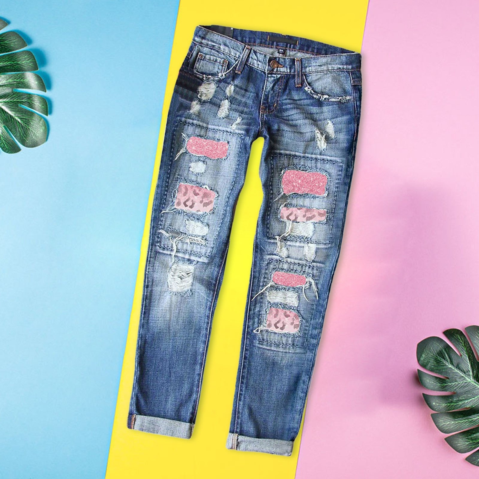 Womens Slim Denim Pants Ripped Jeans Casual Loose Trousers Heart Print Ripped Y2k Slim Fit Distressed Stretch Jeans Pantalones