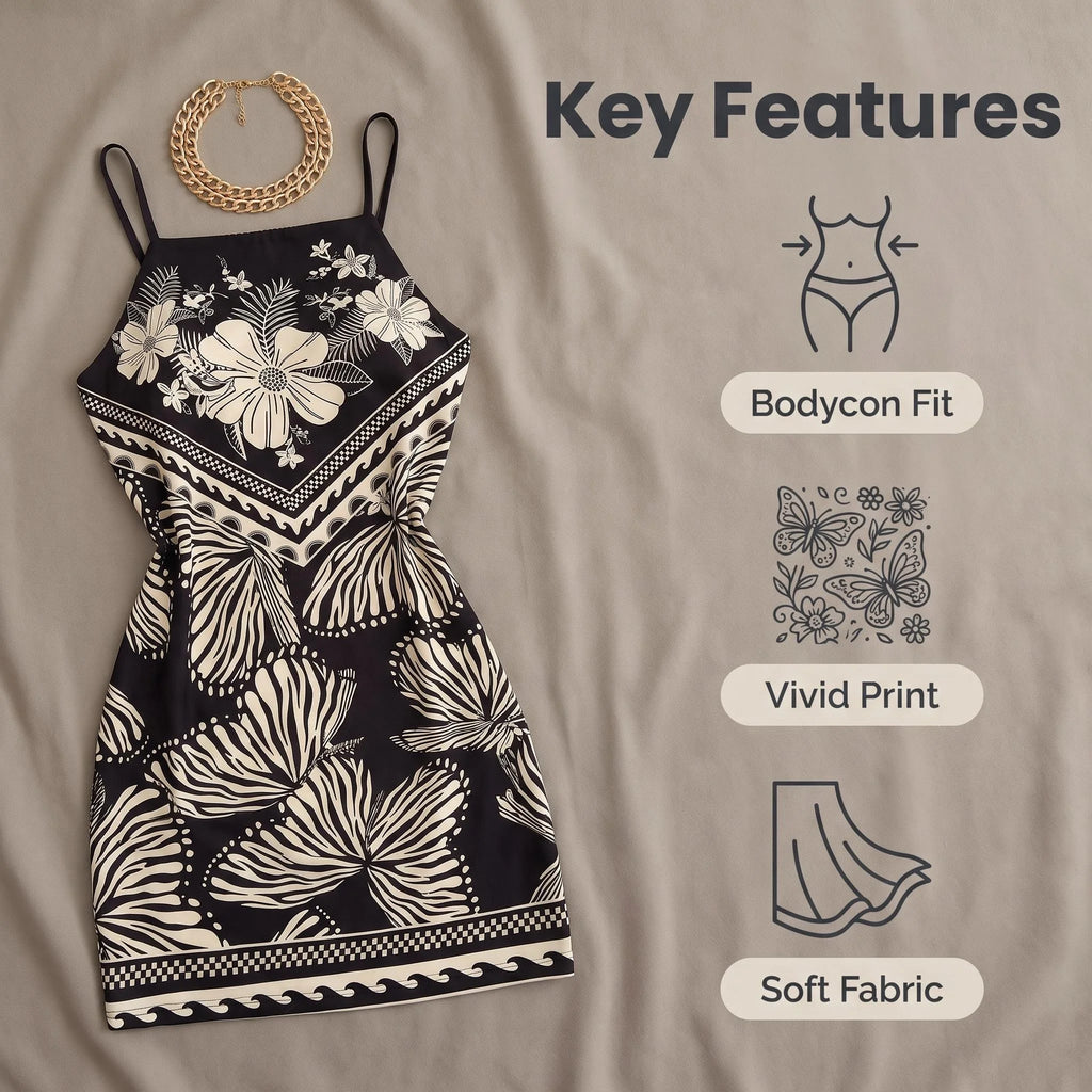 Butterfly Print Pattern, Thin Shoulder Strap, Sleeveless, sexy Dress with Detachable Vest.