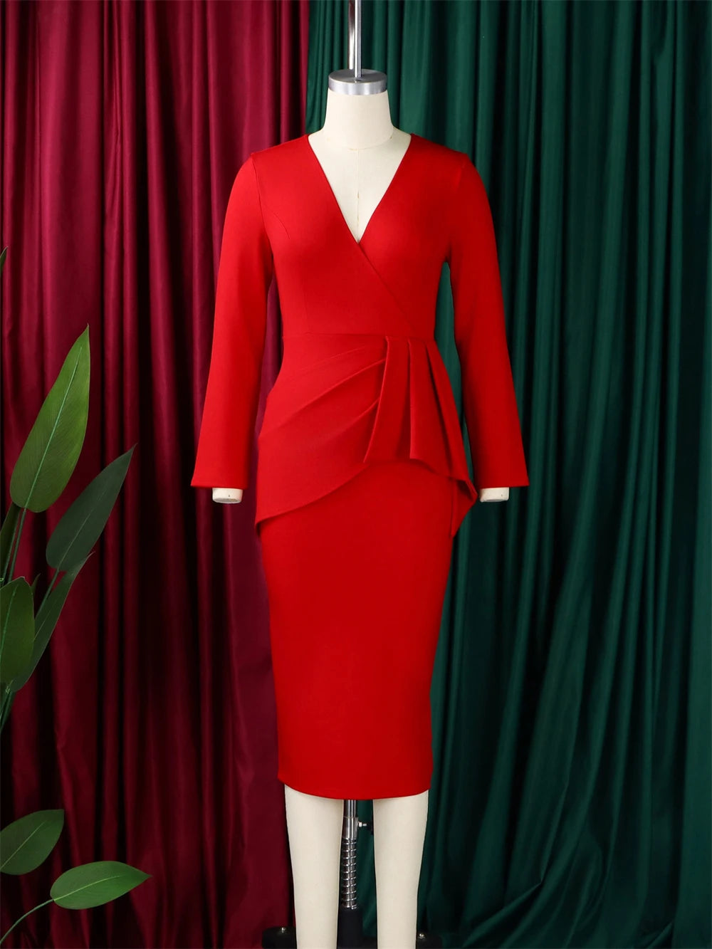 Elegant Office Ladies Midi Dresses V-neck Long Sleeve Bodycon Robes Turkey African Clothing Party Prom Evening Gowns Lady Dress