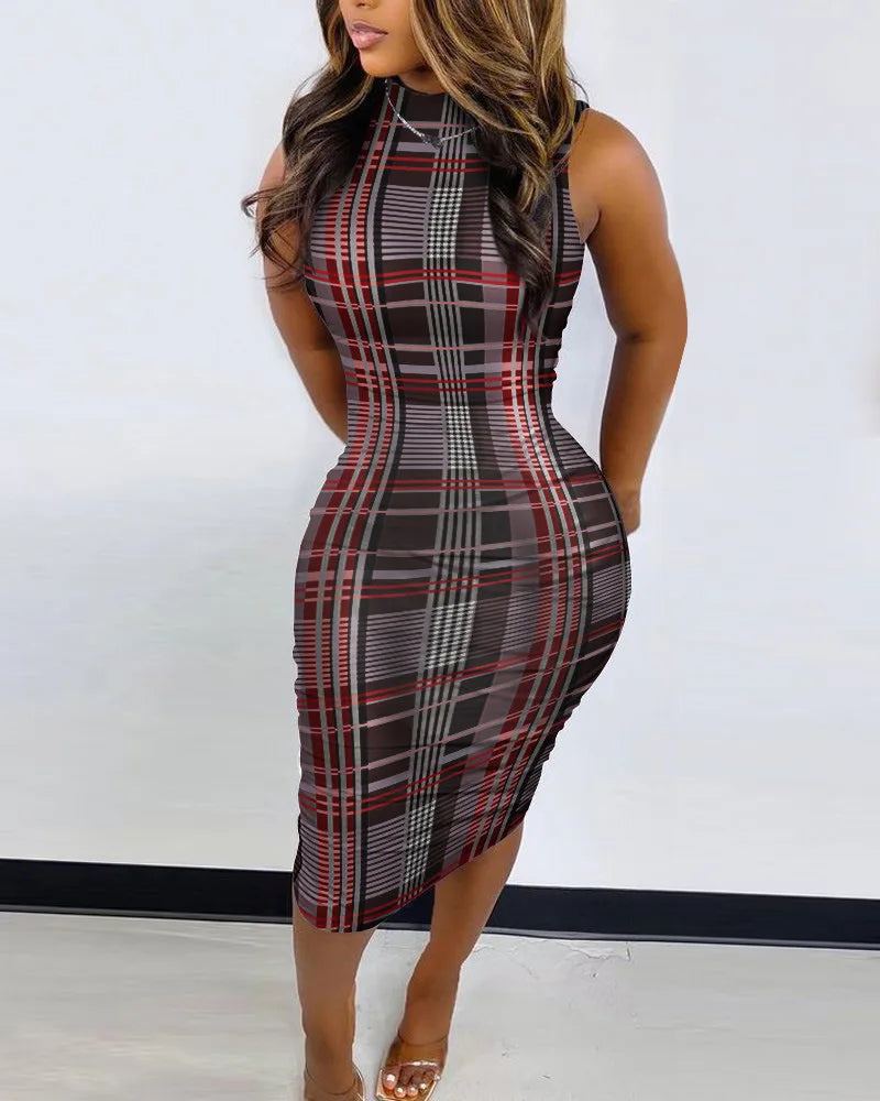Elegant Women's Round Neck Bodycon Midi Dress Summer Fashion Printed Sleeveless Slim Fit Pullover Nightclub Party Dresses