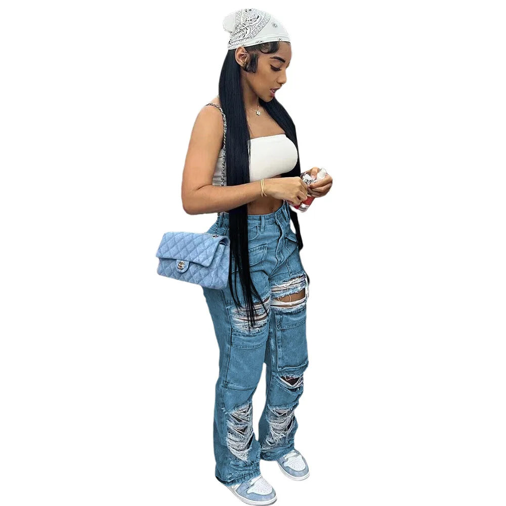 Women Jeans Denim Patchwork Straight Pants Holes Distressed Pockets Washing High Street Low Waist Zipper Fly Flat Winter