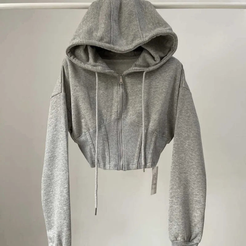Hooded hoodie women's ultra short waist cinched open top jacket with exposed navel