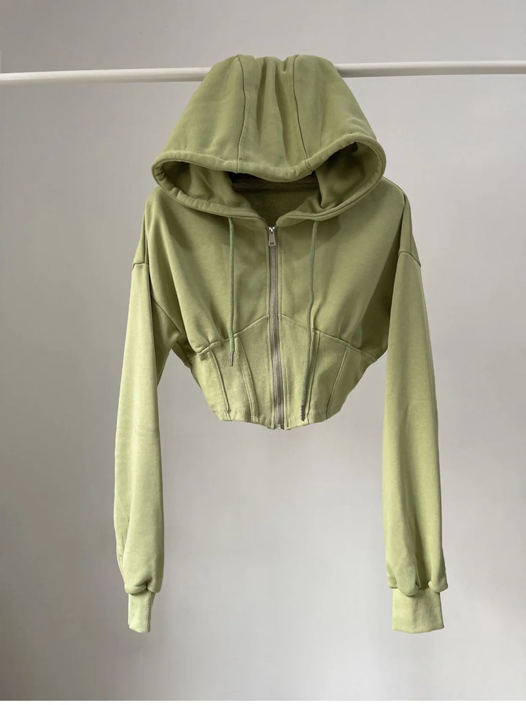Hooded hoodie women's ultra short waist cinched open top jacket with exposed navel