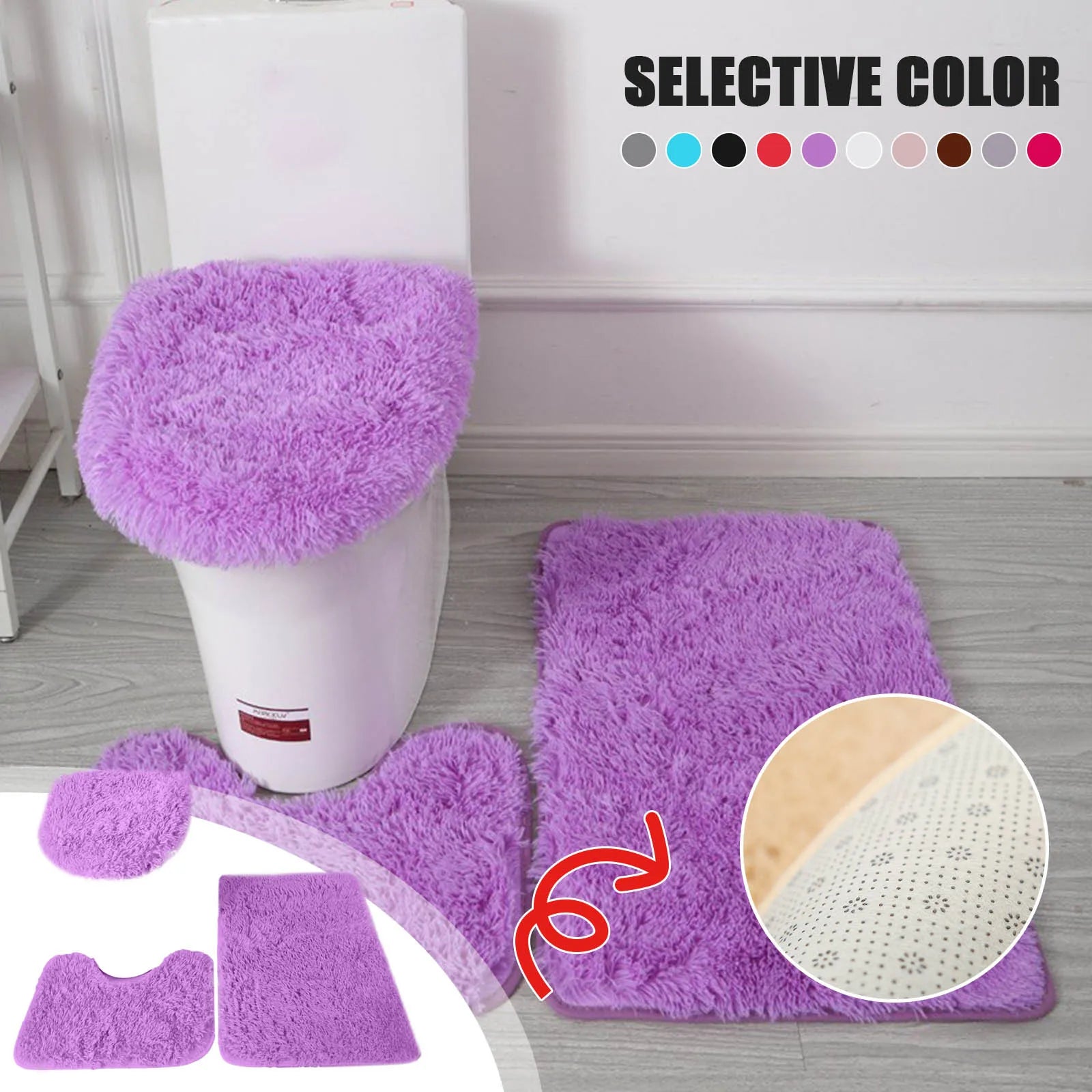 3PCS/set Solid Color Bathroom Mat Set Fluffy Hairs Bath Carpets Modern Toilet Lid Cover Rugs Kit Rectangle U-shape Floor Mats