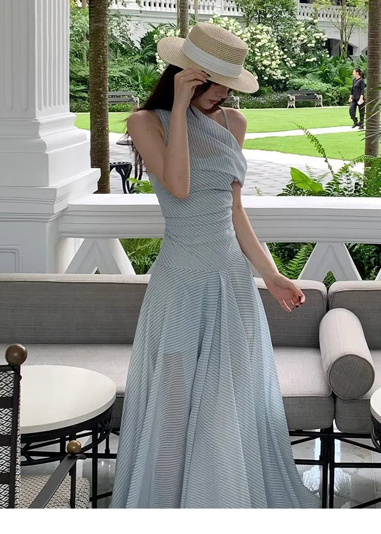 French Holiday Style Blue-green Striped Chiffon Waist-cinching Long Halter Neck Dress for Women, New Summer 2026