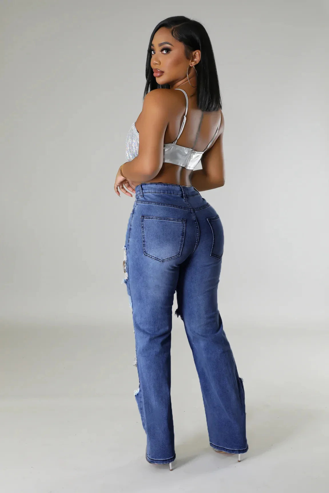 Women Fashion Pearl Beading Ripped Hollow Out Tassel Wide Leg Jeans 2026 New Summer INS Street Denim Pants Trousers