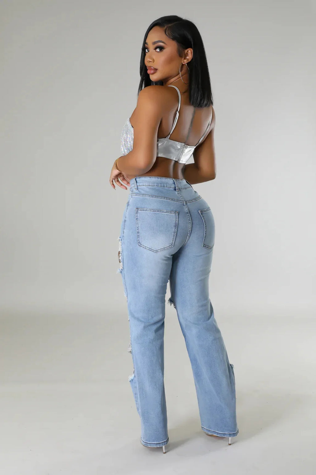 Women Fashion Pearl Beading Ripped Hollow Out Tassel Wide Leg Jeans 2026 New Summer INS Street Denim Pants Trousers