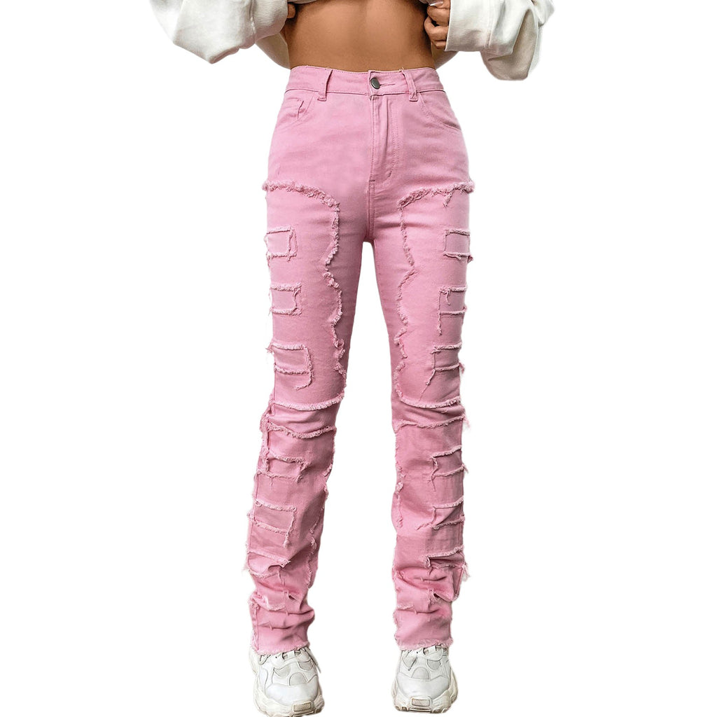 Vintage Y2k High Waisted Jeans Stretch Patch Denim Stacked Straight Leg Embroidered Straight Leg Pants Baggy Jeans For Women