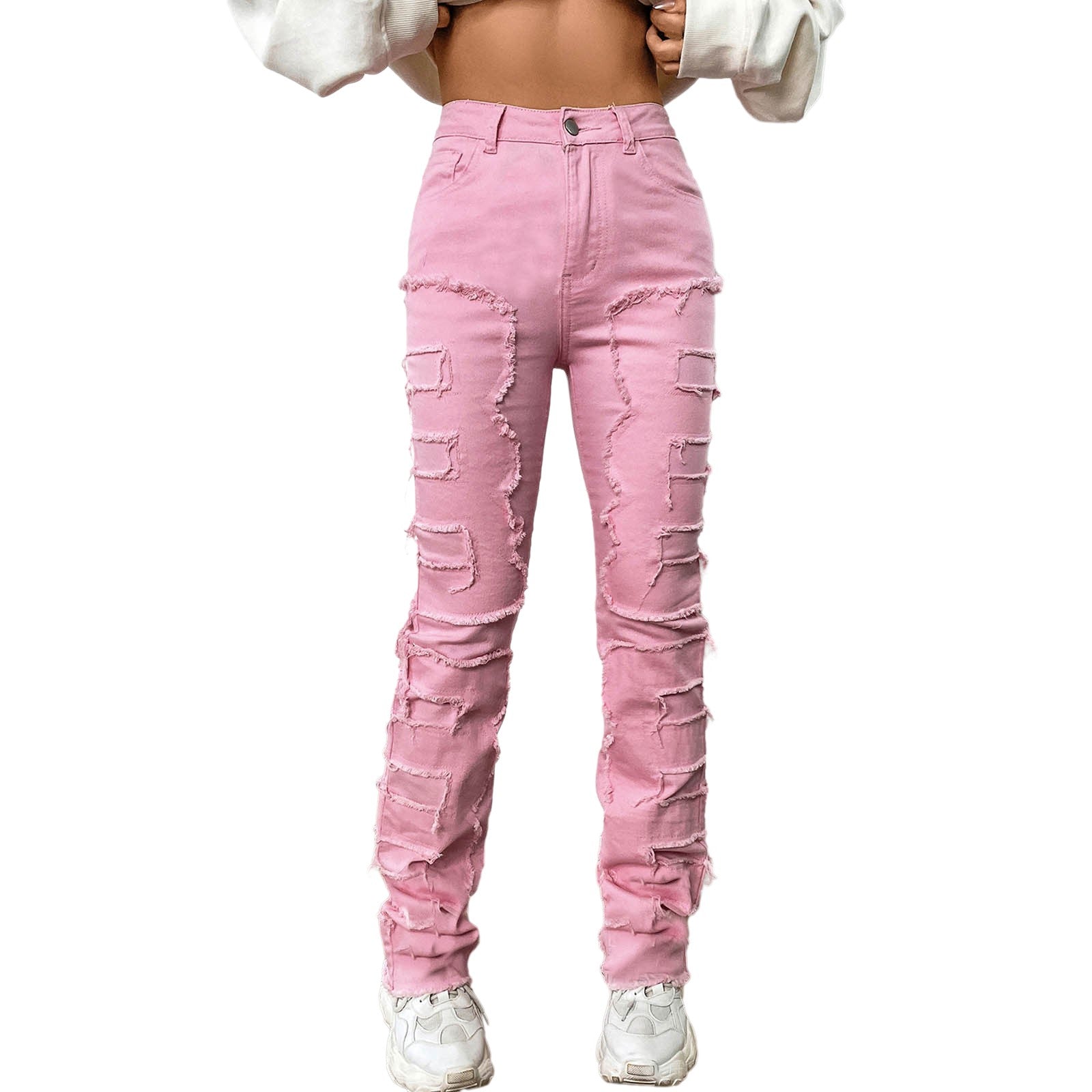 Vintage Y2k High Waisted Jeans Stretch Patch Denim Stacked Straight Leg Embroidered Straight Leg Pants Baggy Jeans For Women