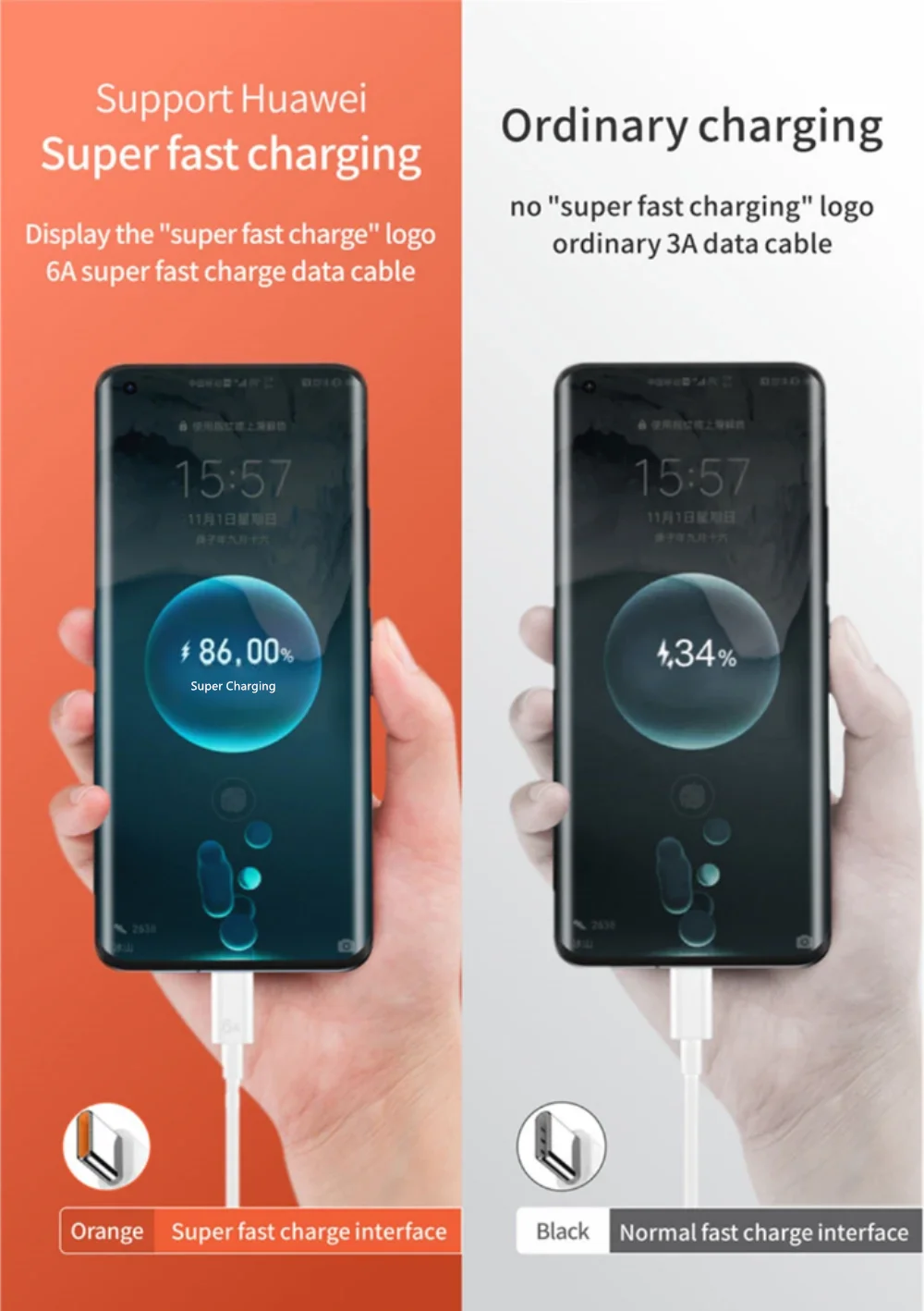 6A 66W Super Fast Charger Type C Cable for Huawei Mate 40 50 60 P50 P60 Nova 8 9 10 Honor 50 70 90 100 200 Lite X7 X8 X9 Magic 5