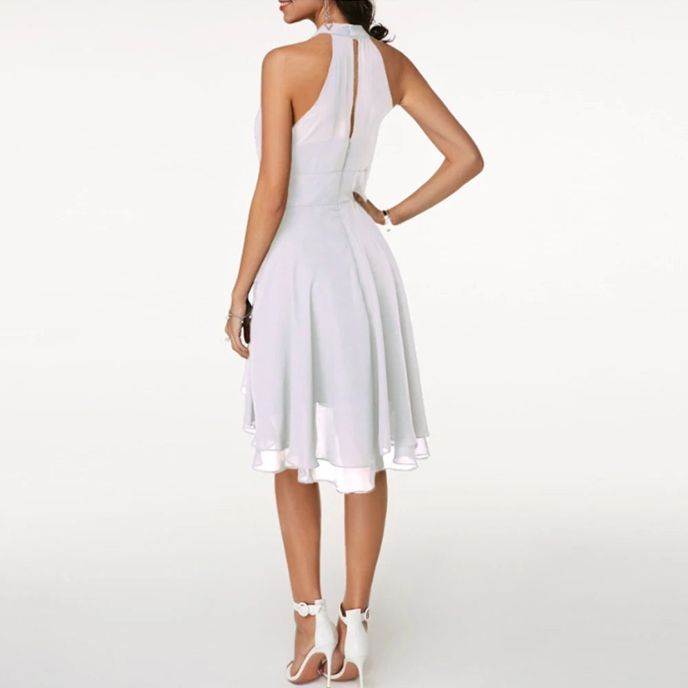 Women Elegant Dress Summer Solid High Waist Halter Sleeveless Midi Dresses Ladies Cropped Layered Chiffon Party Slim Dresses