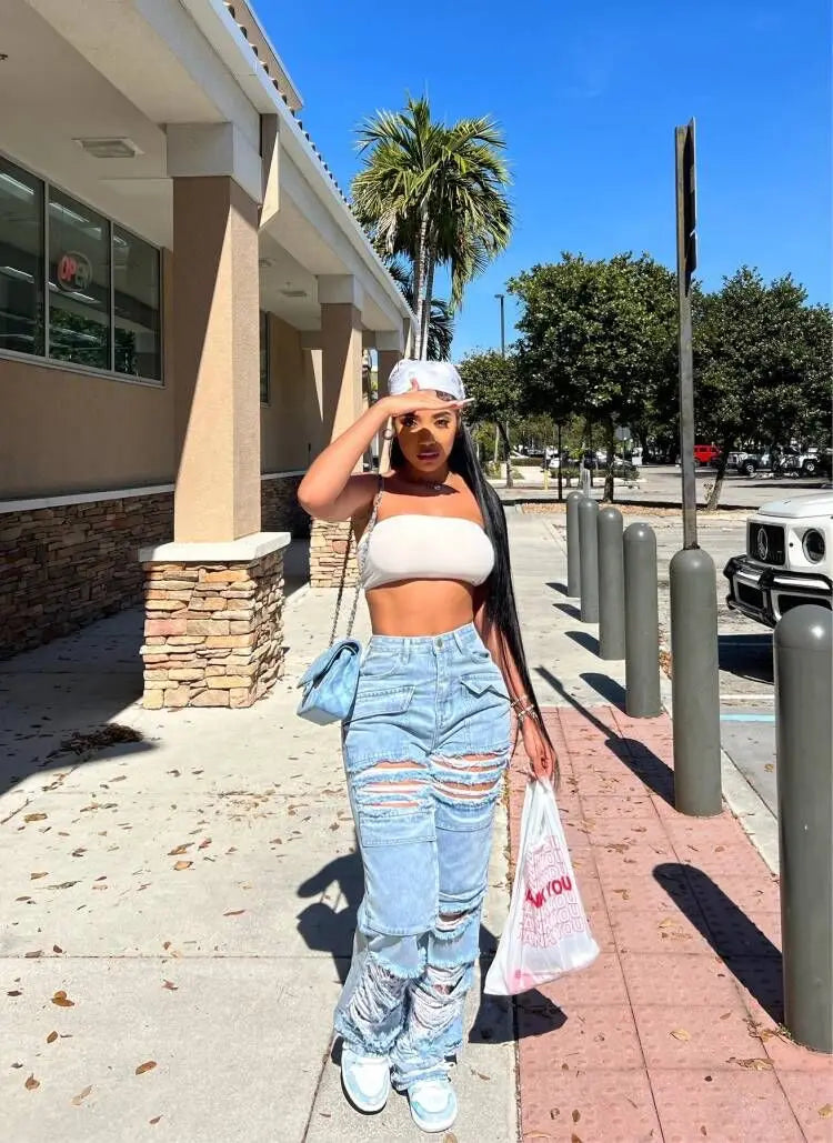 Women Jeans Denim Patchwork Straight Pants Holes Distressed Pockets Washing High Street Low Waist Zipper Fly Flat Winter