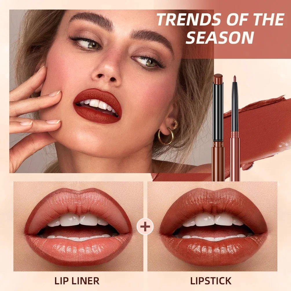 2pcs Lipstick Lipliner Pen Set Matte Velvet Lip Liner Pencil Contour Makeup Sexy Red Lip Stick Long Lasting Cosmetics