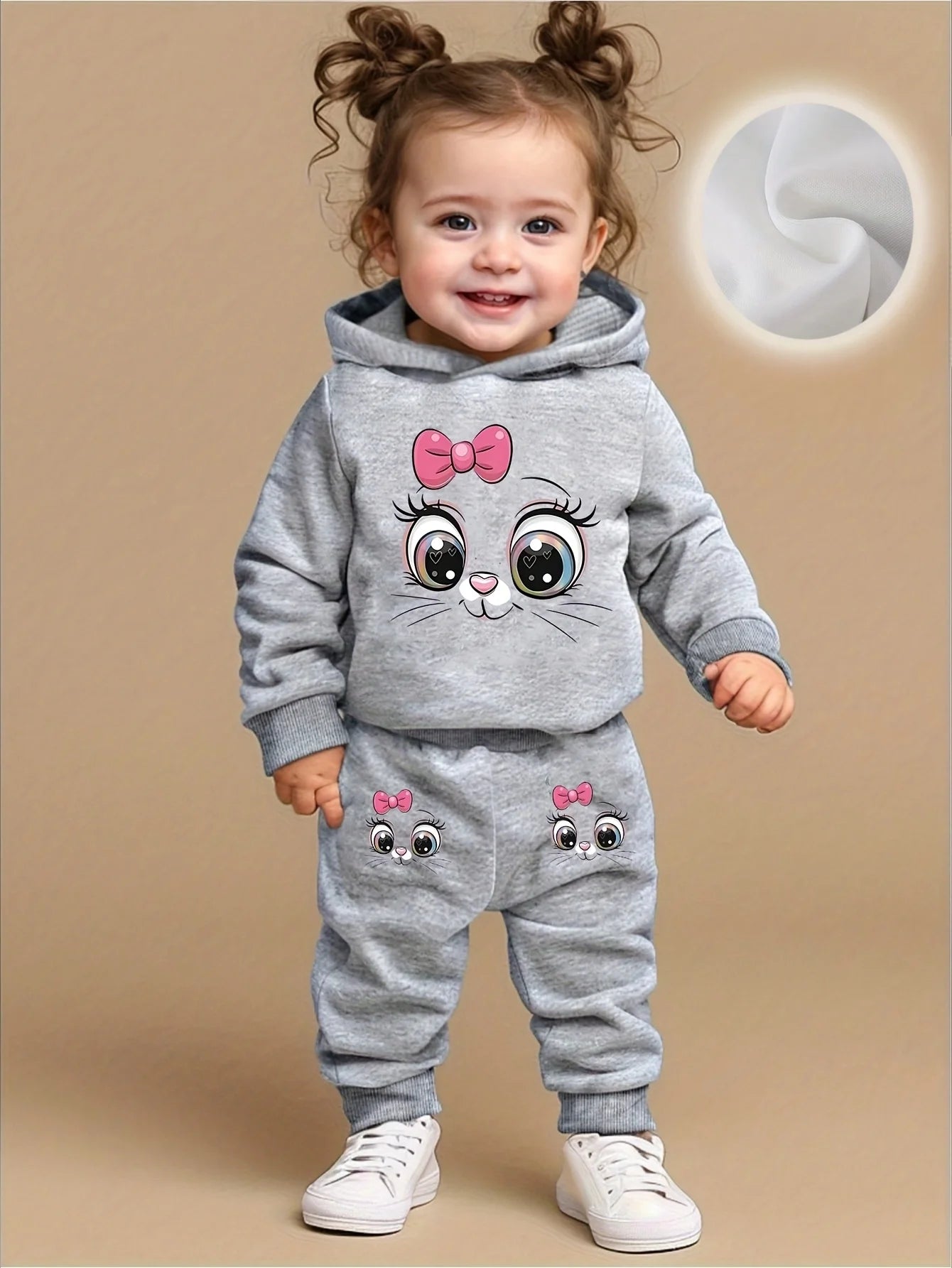 Baby girl cute cartoon cat pattern long sleeved fleece hooded sweatshirt+casual simple pants set, spring and autumn two-piece se