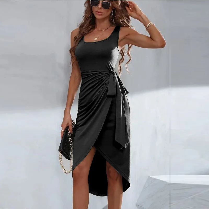 Elegant Office Lady Sundress for Women Black Lace Up Dress Spring Summer Irregular Strap Vest Dress Split Square Collar Outfit