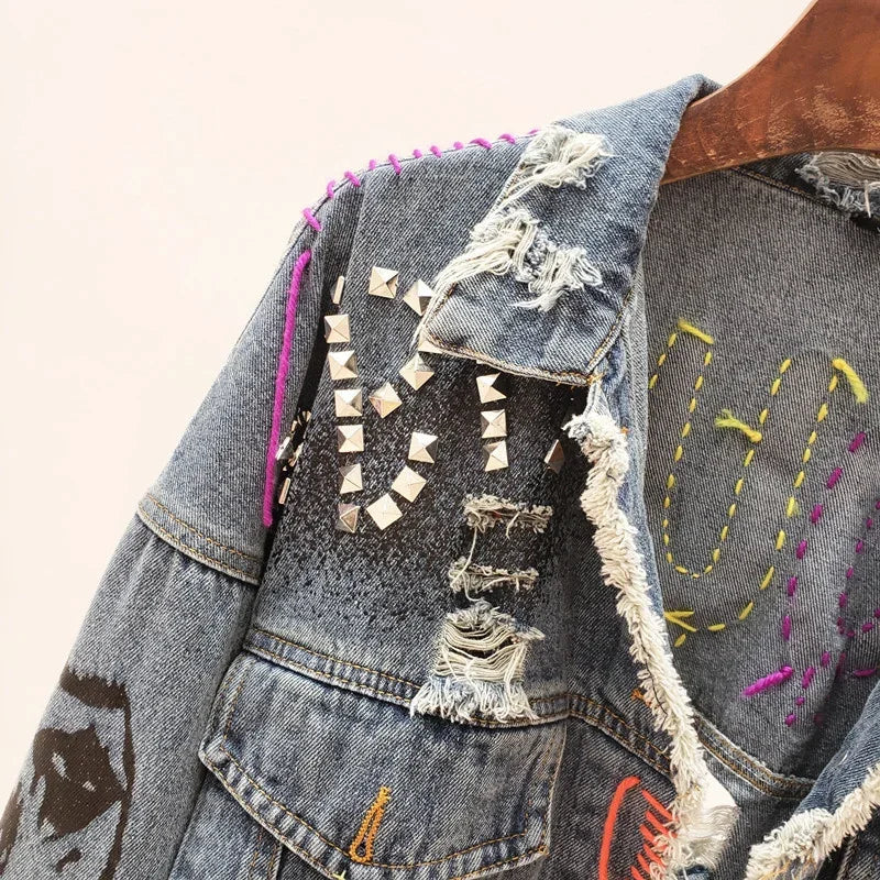 2026 Spring Autumn Women Street Fashion Graffiti Denim Jacket Female Short Frayed Raw Cut Rivet Jacket Fringe Jean Coat Outwear
