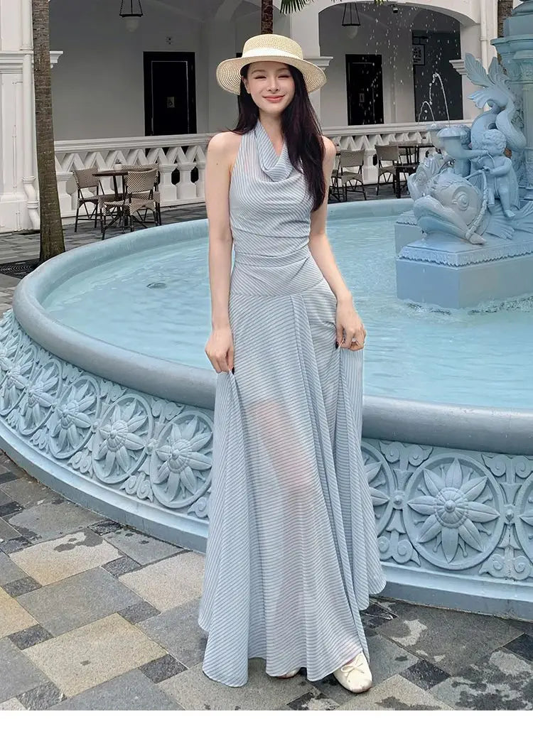 French Holiday Style Blue-green Striped Chiffon Waist-cinching Long Halter Neck Dress for Women, New Summer 2026
