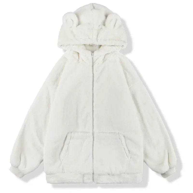White Hoodies Women Baggy Hooded Sweet Kawaii Clothes Korean Fashion Pure Minimalist Preppy Cozy Front Pockets Zip-Up Girlish
