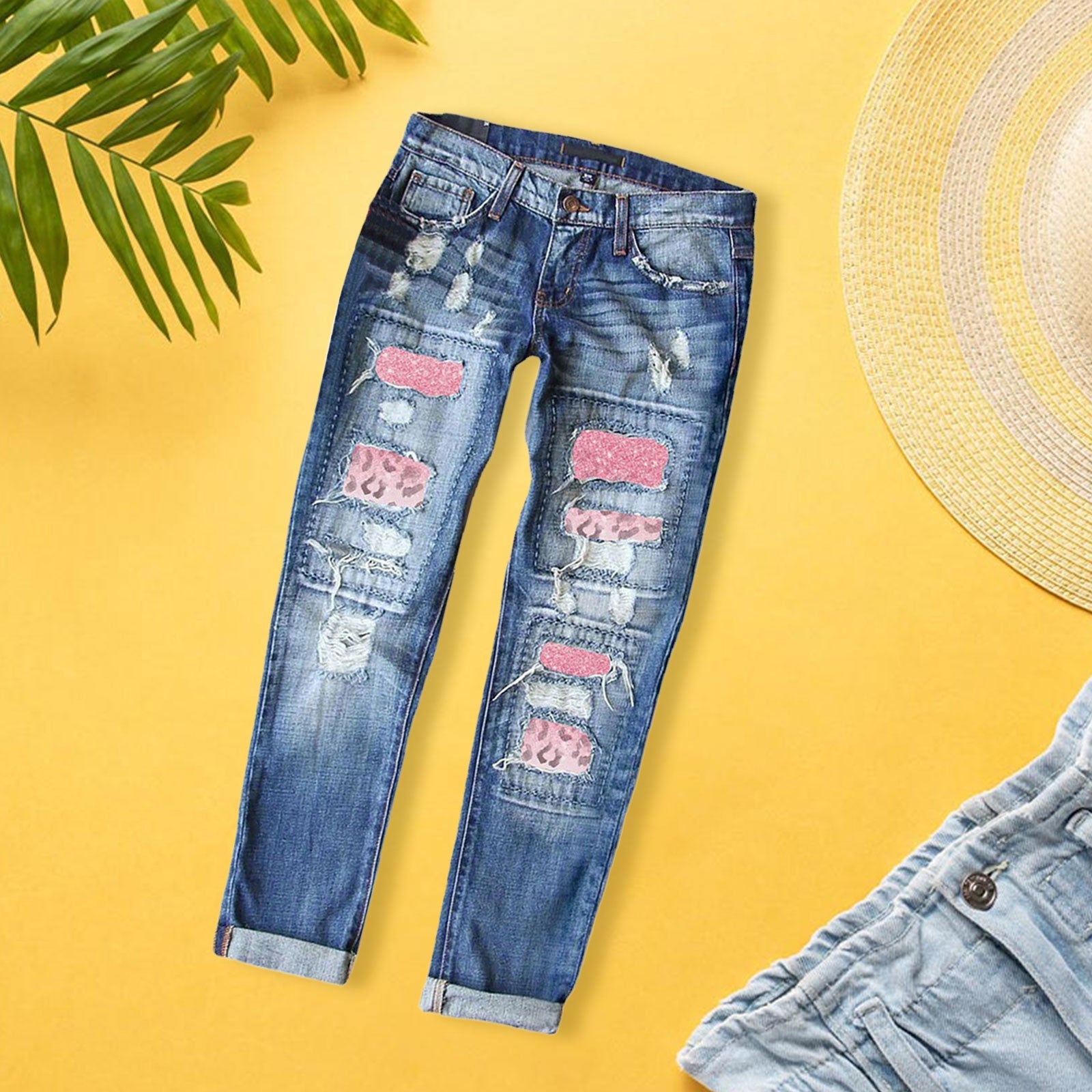 Womens Slim Denim Pants Ripped Jeans Casual Loose Trousers Heart Print Ripped Y2k Slim Fit Distressed Stretch Jeans Pantalones
