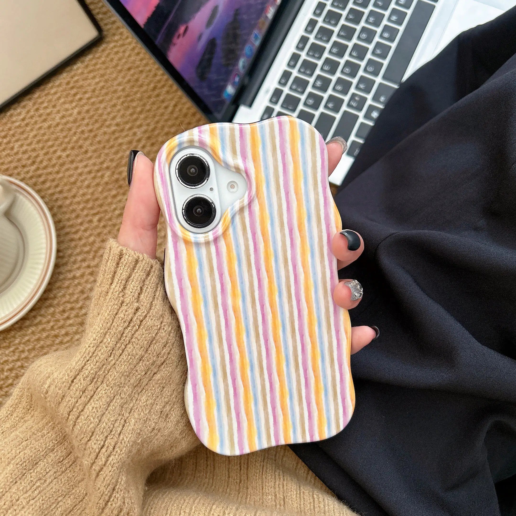 Fashion 2 in 1 Glossy Stripes Phone Case for iPhone 13 14 15 16 Pro Max Wave Edges Comfortable Touch Hard Slim Back Cover Shell